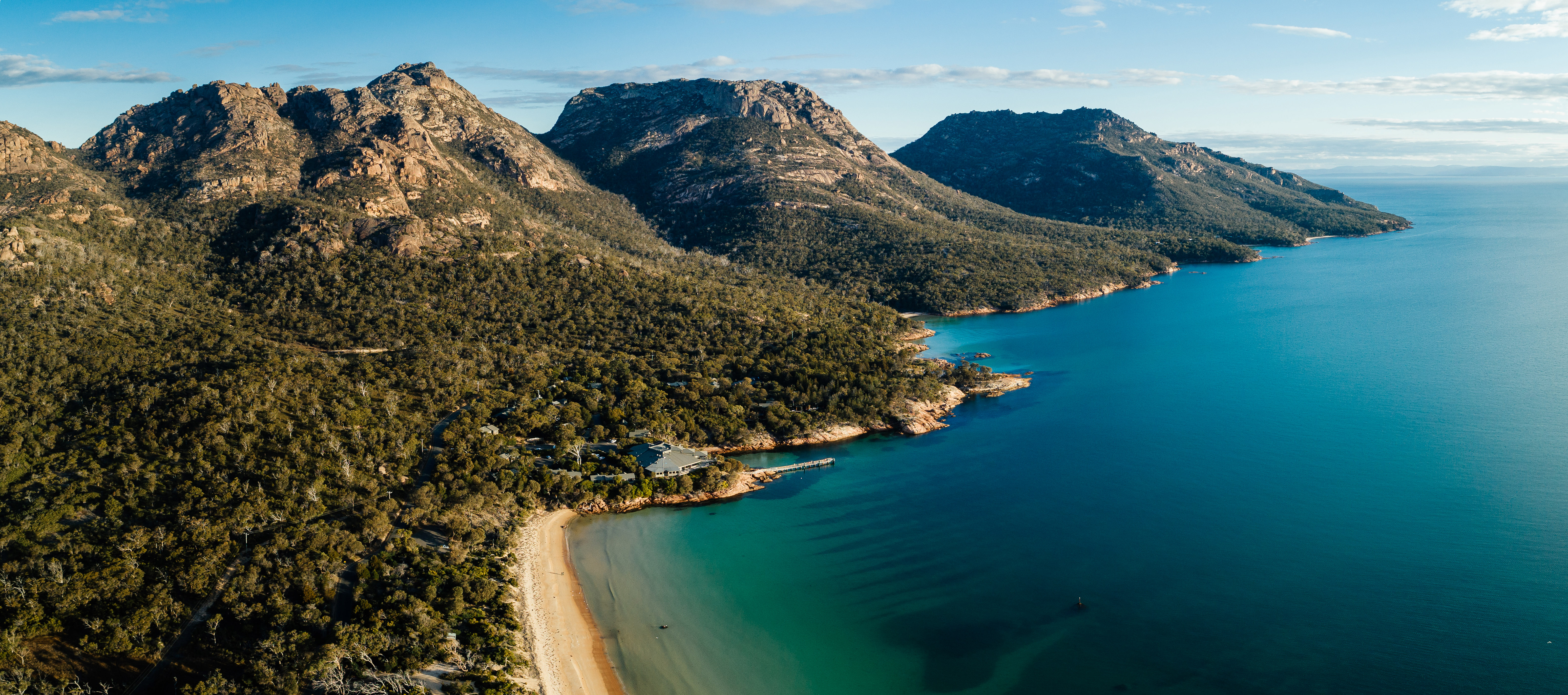 Aerial shot of Freycinet Lodge and the Hazards