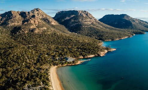 Aerial shot of Freycinet Lodge and the Hazards