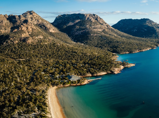 Aerial shot of Freycinet Lodge and the Hazards