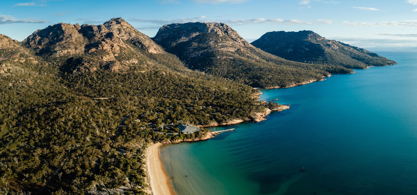 Aerial shot of Freycinet Lodge and the Hazards