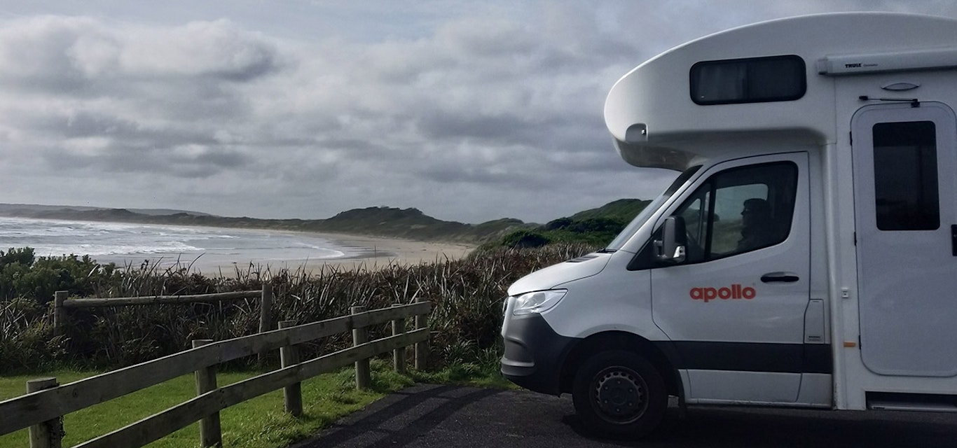 Apollo motorhome parked overlooking a beach