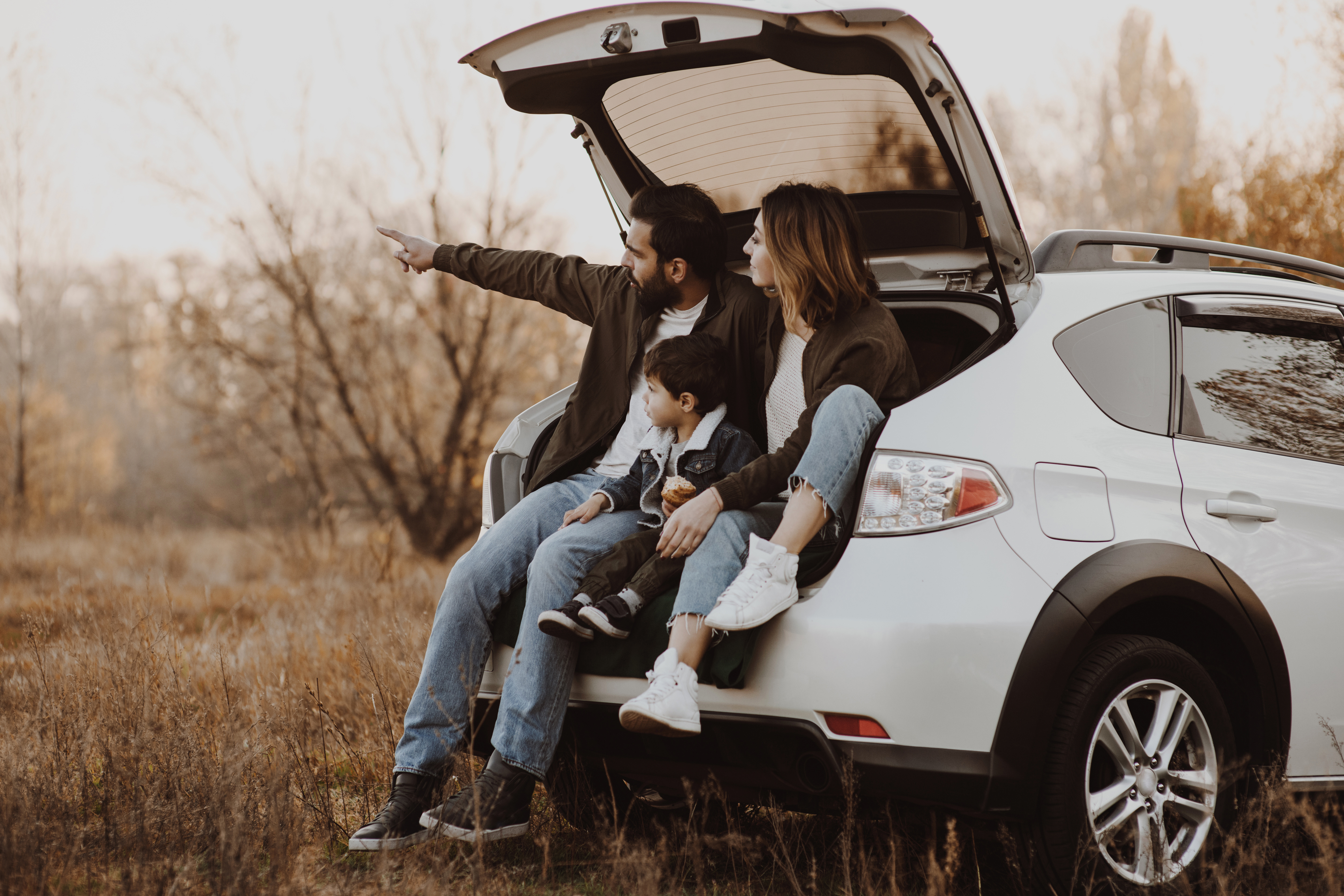 Family looking out to the distance while sitting in car boot