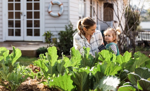Parent and child smiling in front of vegetable patch