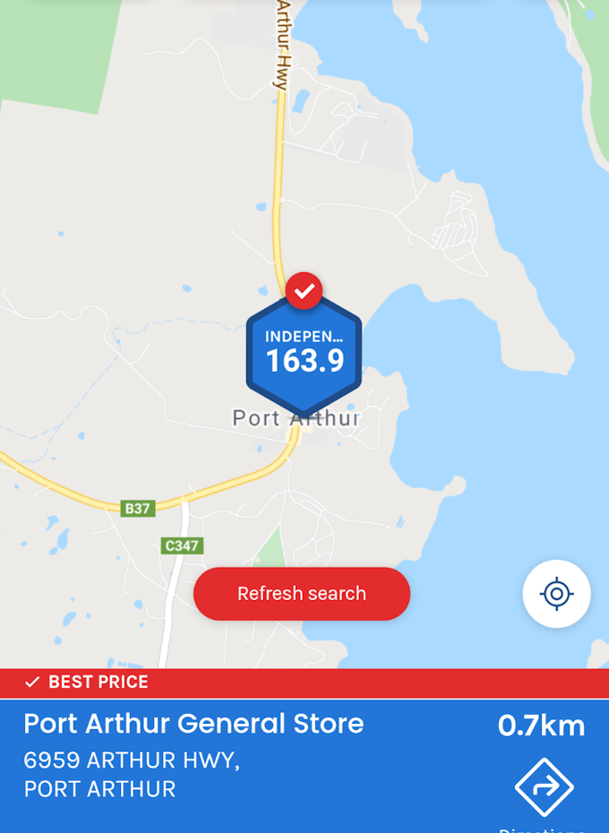 Port Arthur fuel saver app screen.
