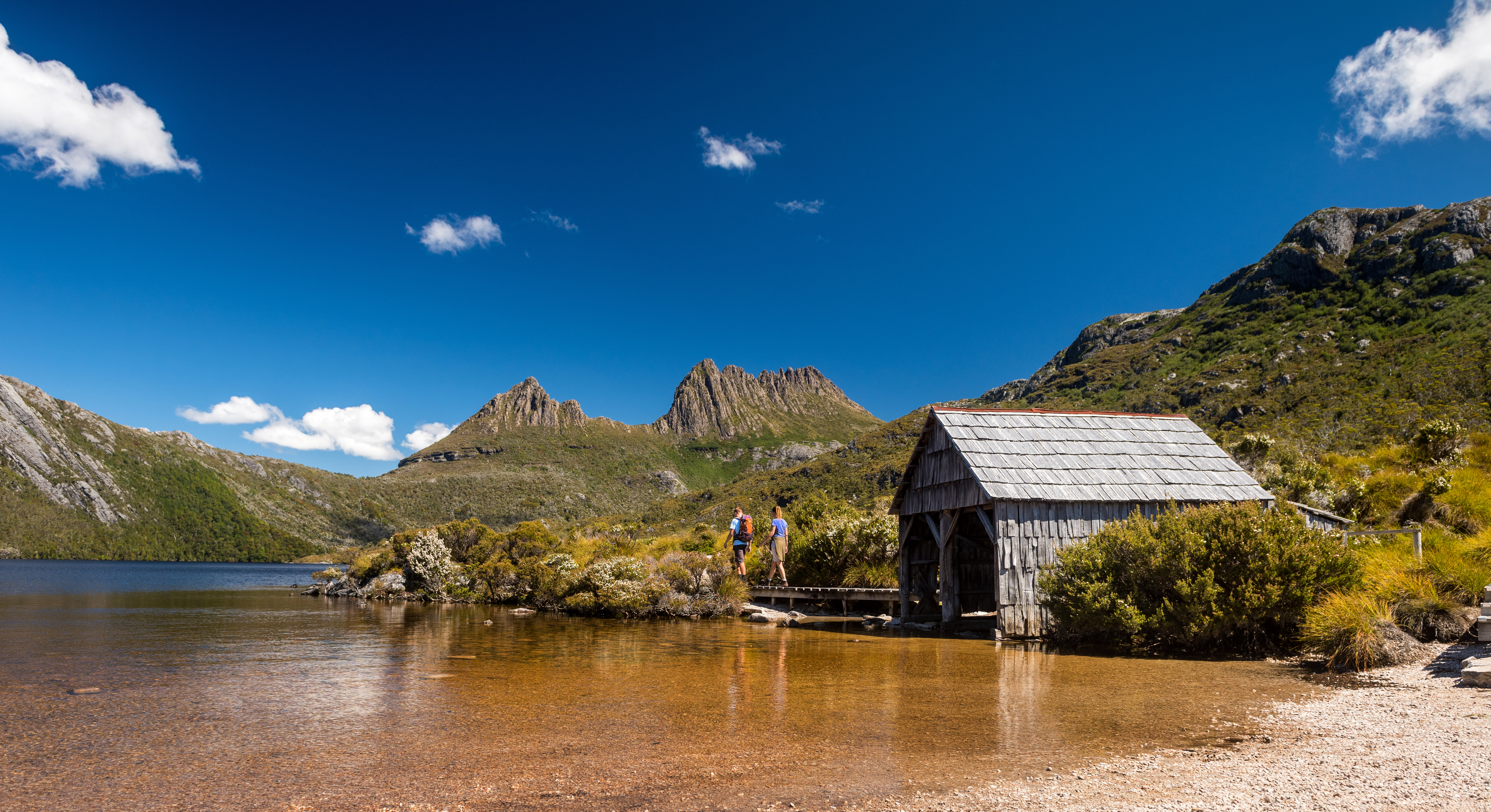 Dove Lake Hut at Cradle Mountain on a clear day.