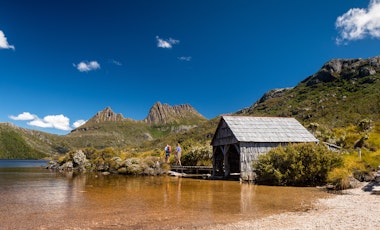 Dove Lake Hut at Cradle Mountain on a clear day.