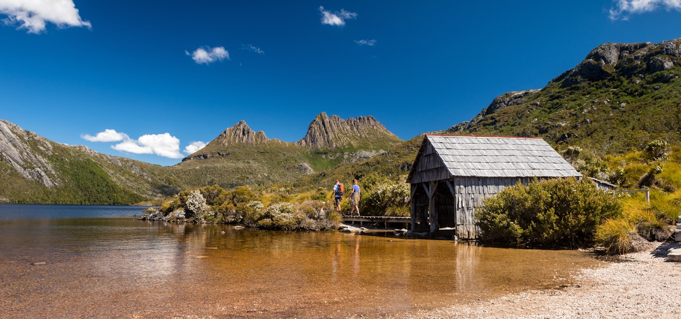Dove Lake Hut at Cradle Mountain on a clear day.