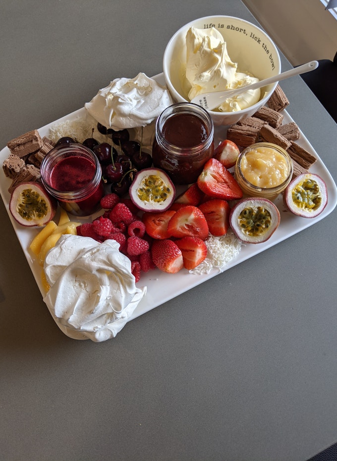 Fruit and spreads for a pavlova platter. 