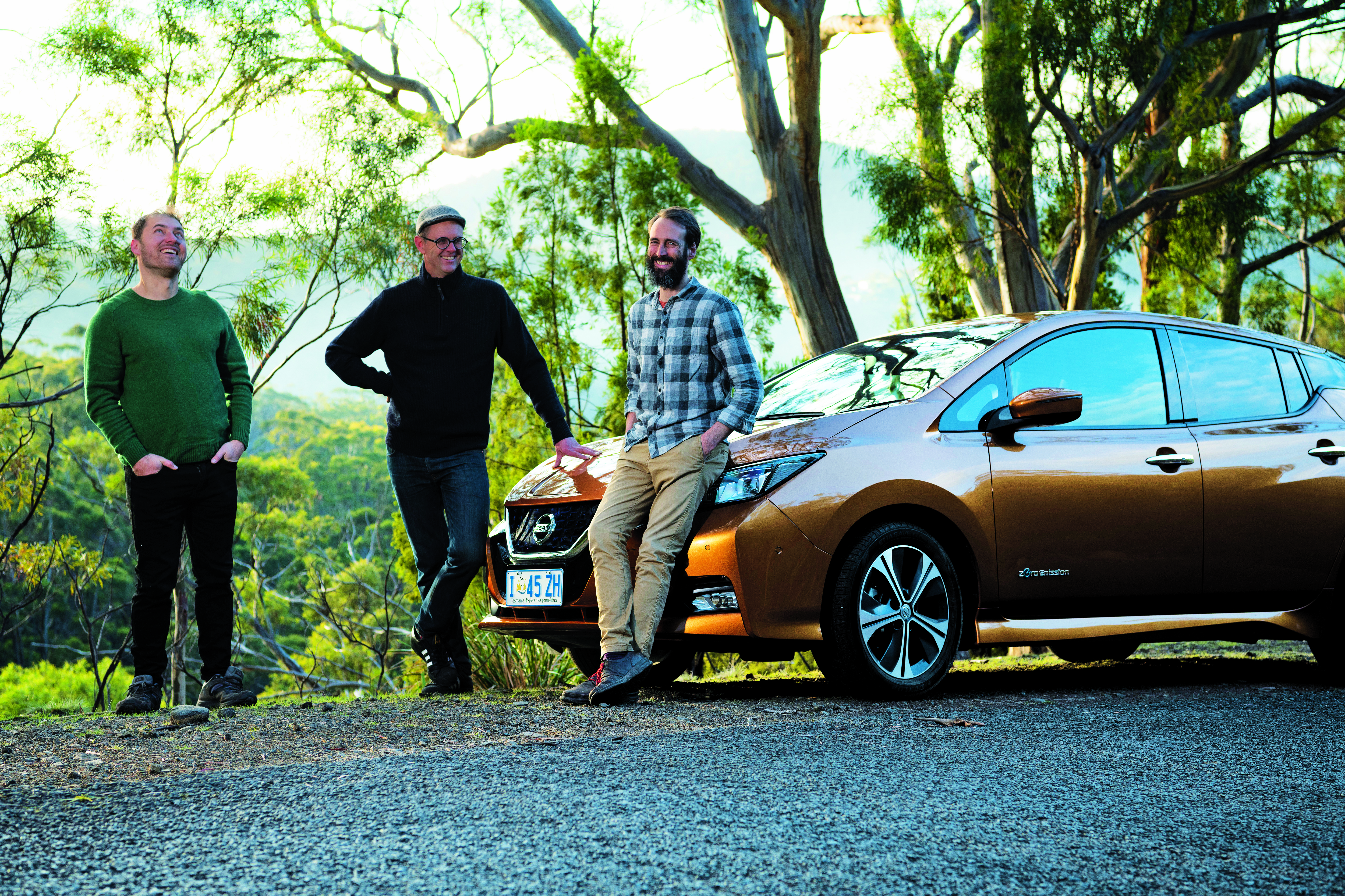 anthony anton and sam with electric car