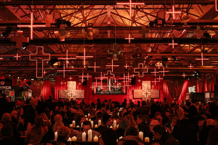 shed with red crosses on ceiling