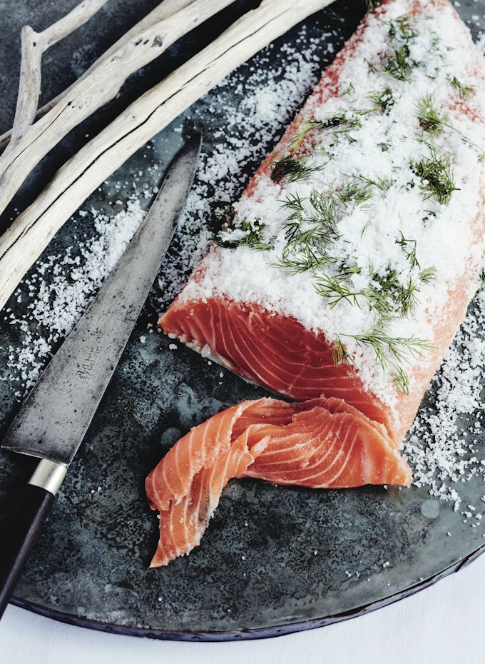 salmon knife and salt
