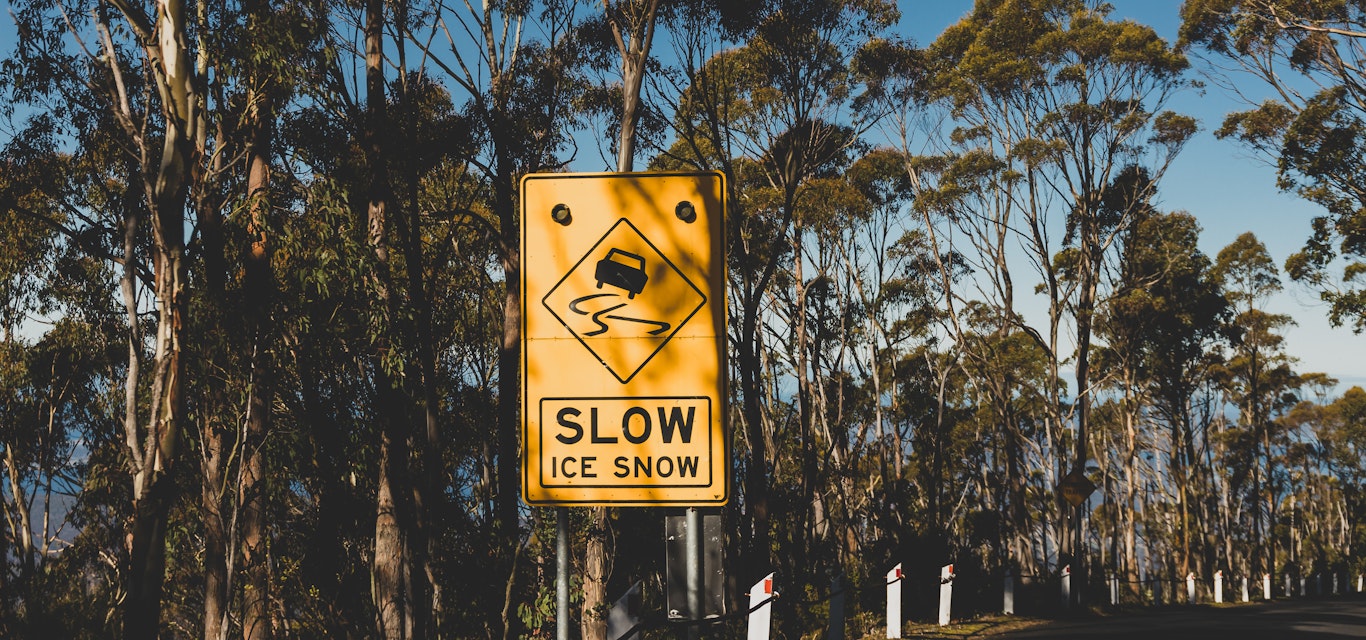 Snow and Ice sign on road to Mt Wellington
