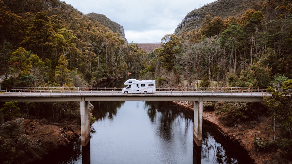 Motorhome traveling over a bridge