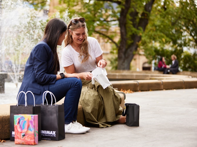 women sitting by fountain with shopping