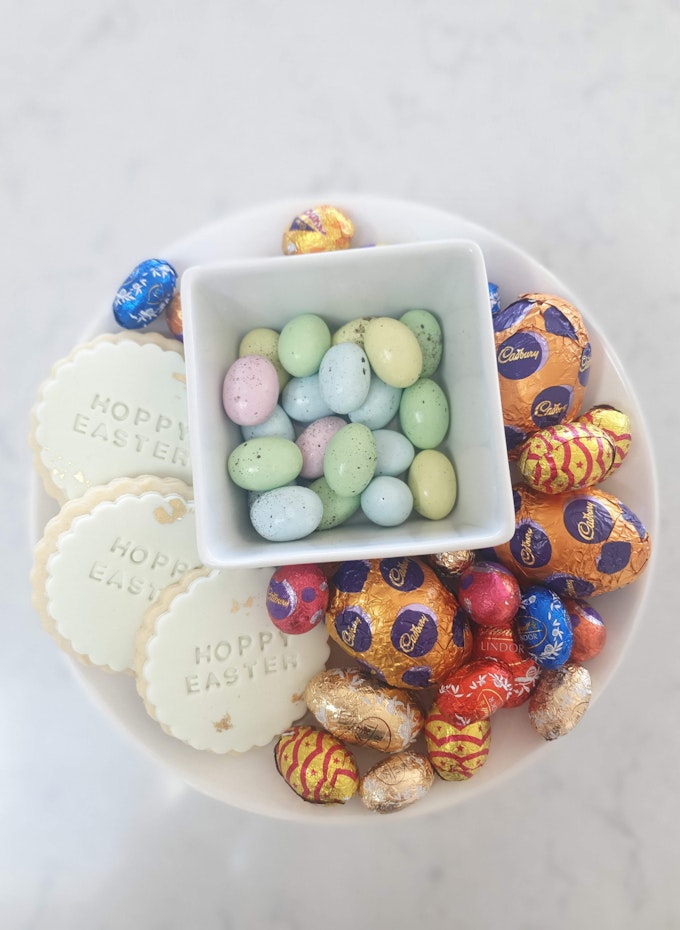 tray of variety of easter eggs and cookies