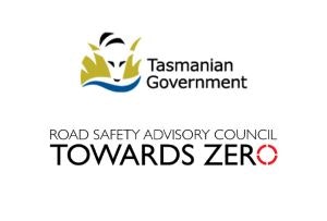 the Tasmanian government logo which depicts a stylised thylacine hiding in grass near water. Below that is the text-based logo for the road safety advisory council above the words 'Towards Zero'