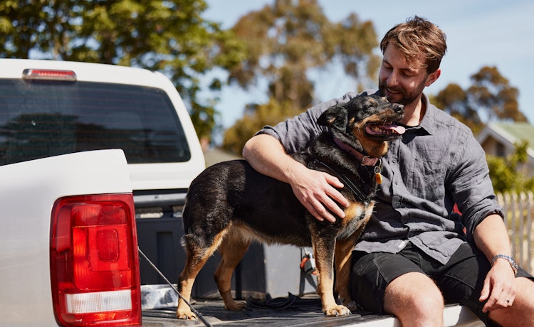 Man and dog sitting in the back of a ute