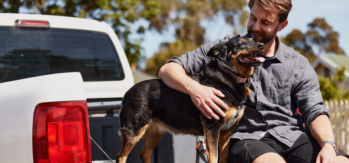 Man and dog sitting in the back of a ute