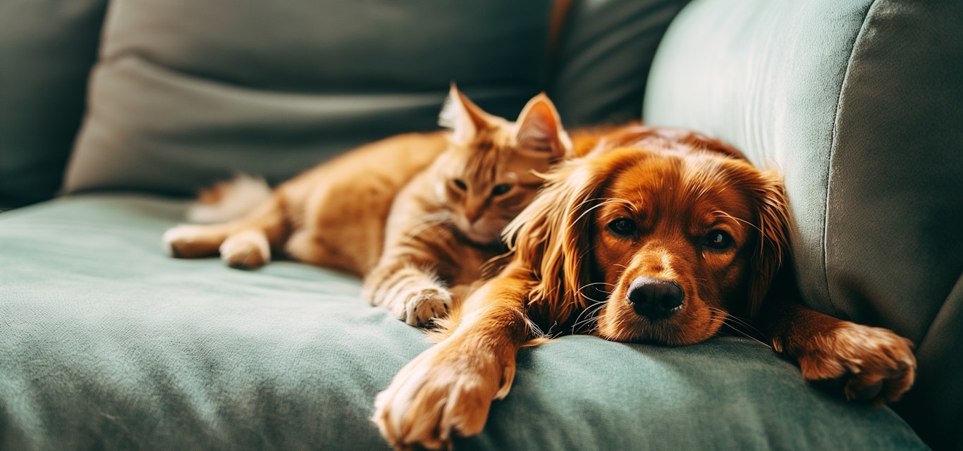Dog and cat laying on the couch together Dog and cat laying on the couch together