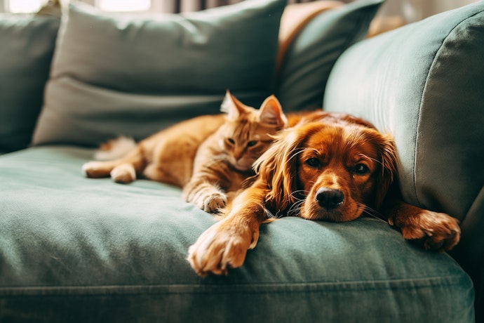 Dog and cat laying on the couch together