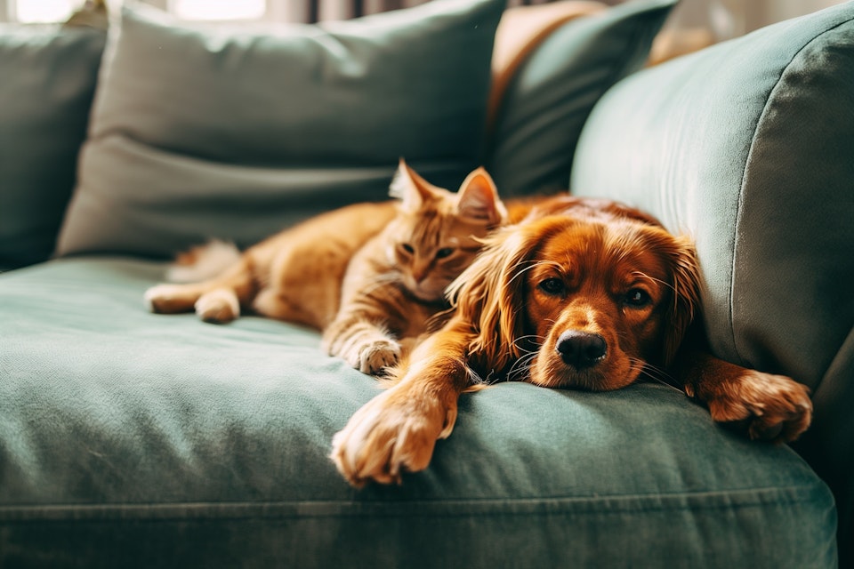 Dog and cat laying on the couch together