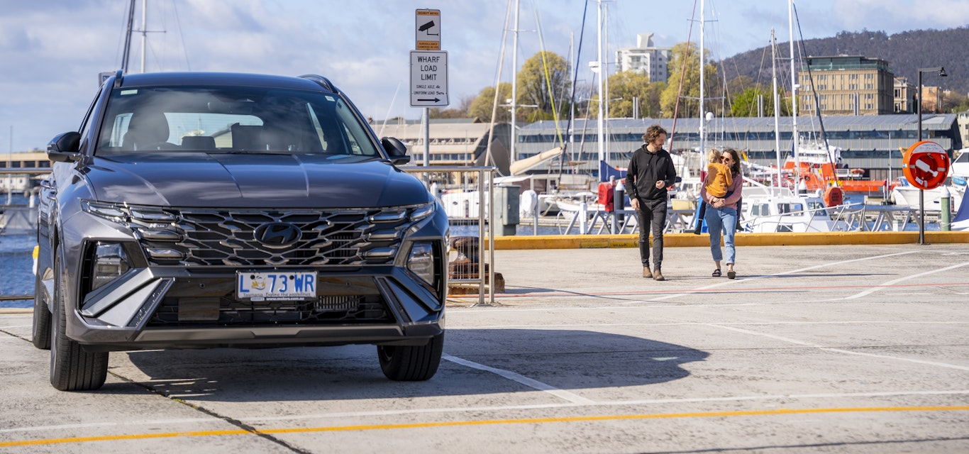 The Hyundai Tuscon Hybrid on Hobart's waterfront The Hyundai Tuscon Hybrid on Hobart's waterfront