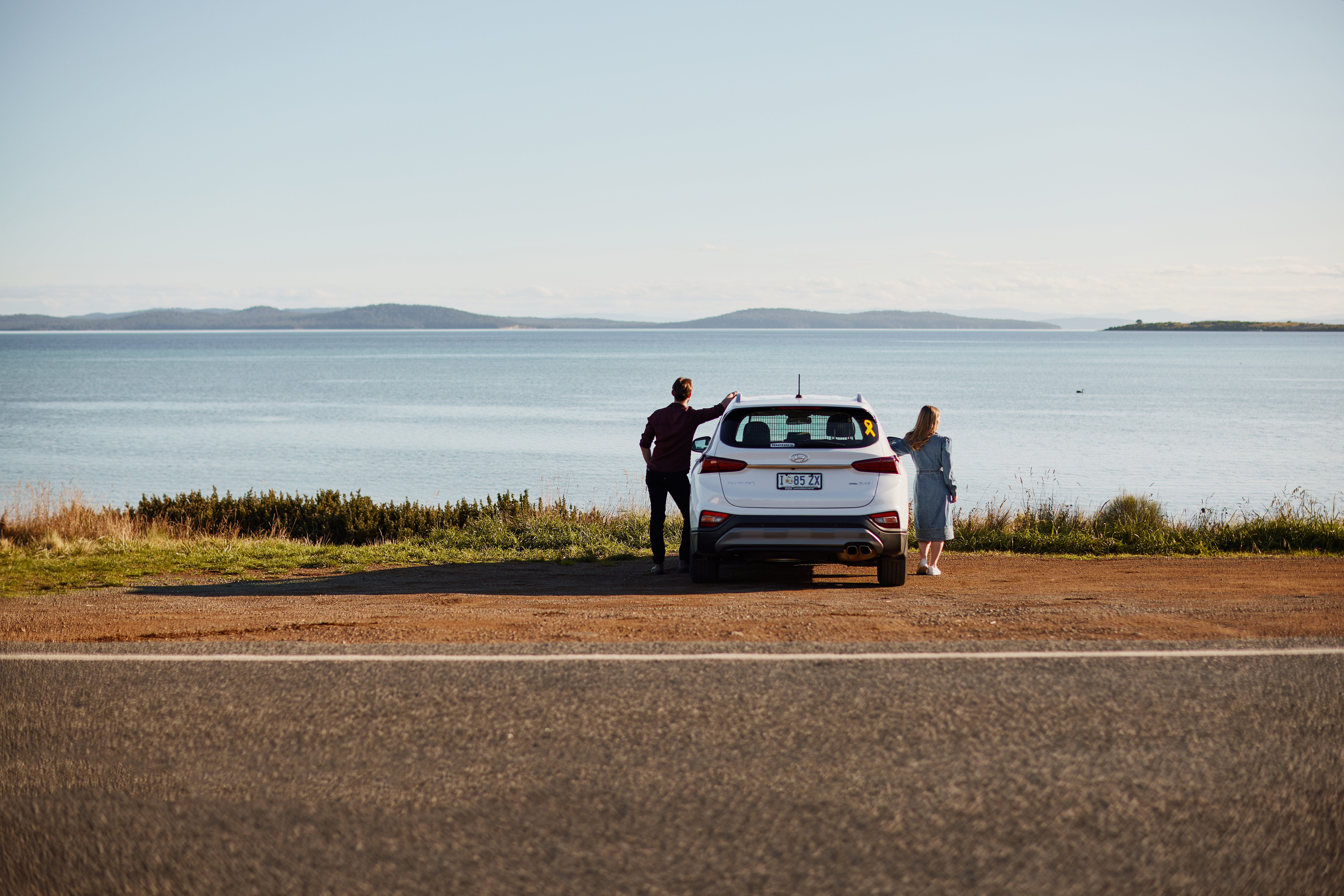 Man and woman standing next to a car and looking into the distance