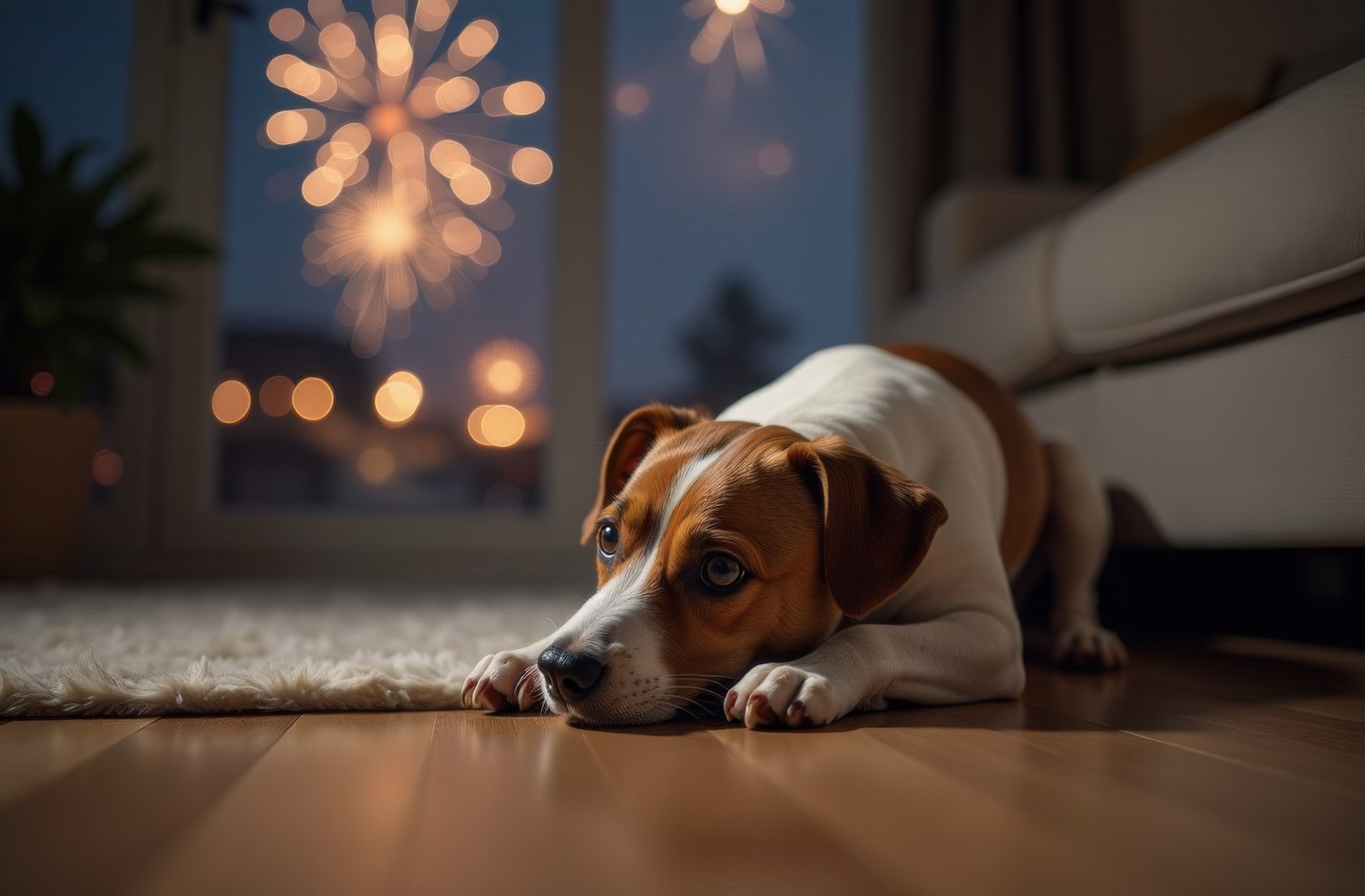 Dog sitting inside with fireworks outside