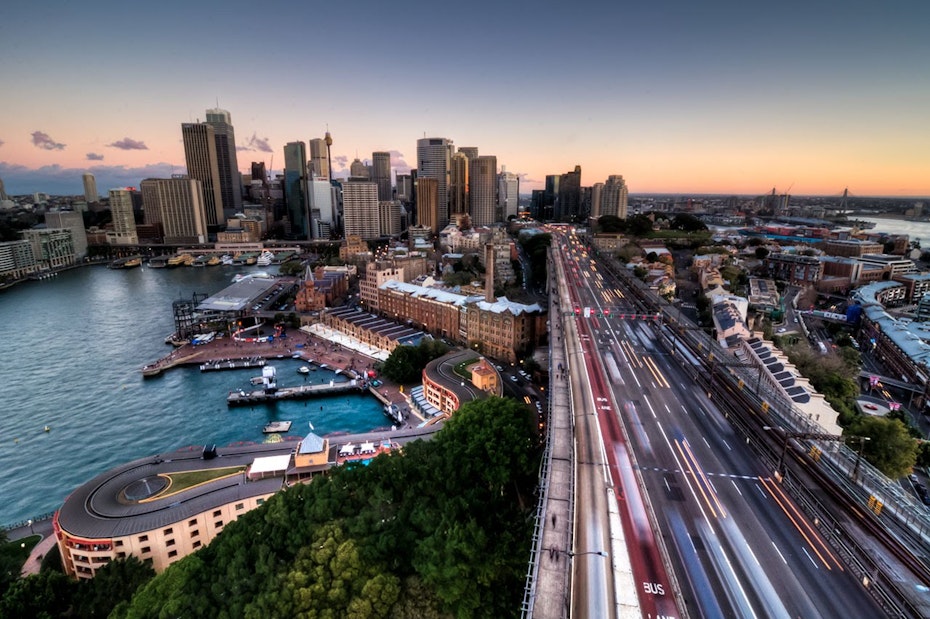 Sydney CBD photo taken from the Sydney Harbour Bridge, looking over the top