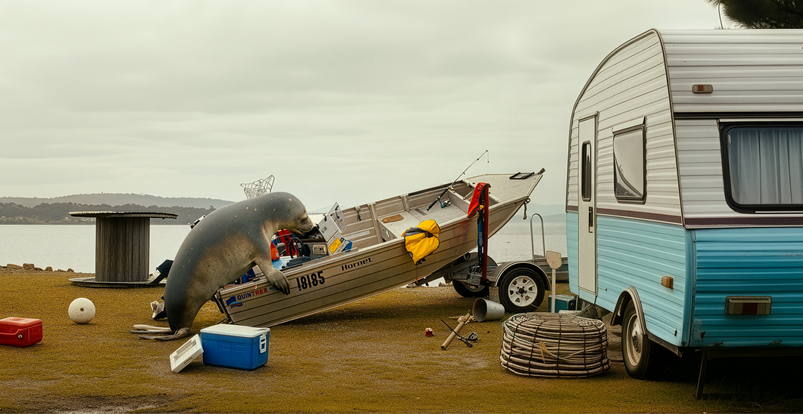 Seal climbing on boat with caravan in the foreground
