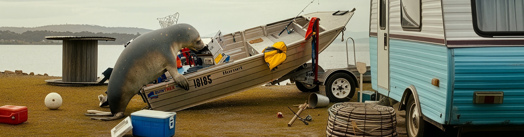 Seal climbing on boat with caravan in the foreground