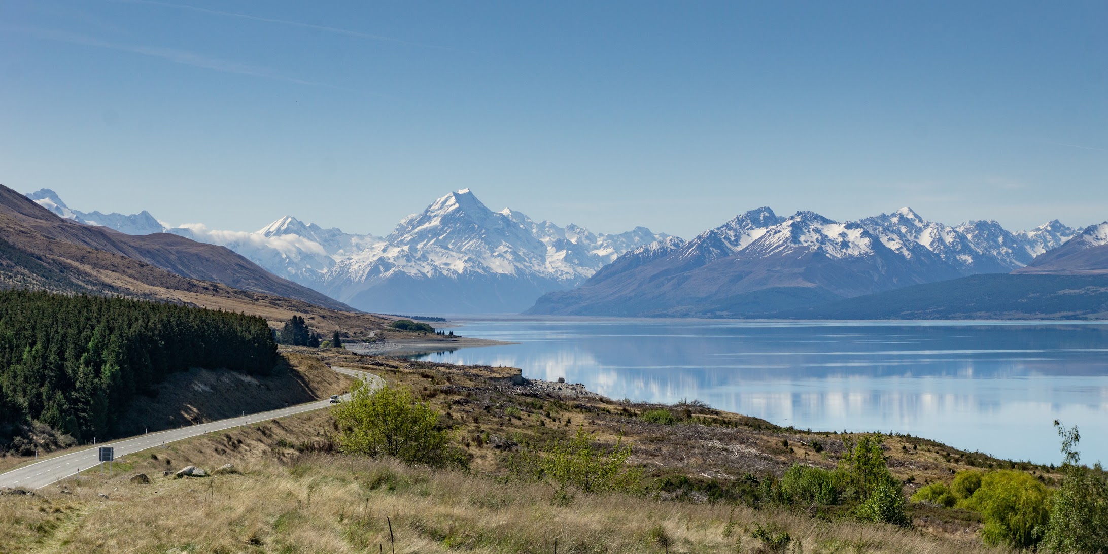 Mount Cook Rd, looking towards Aoraki / Mount Cook National Park and Lake Pukaki