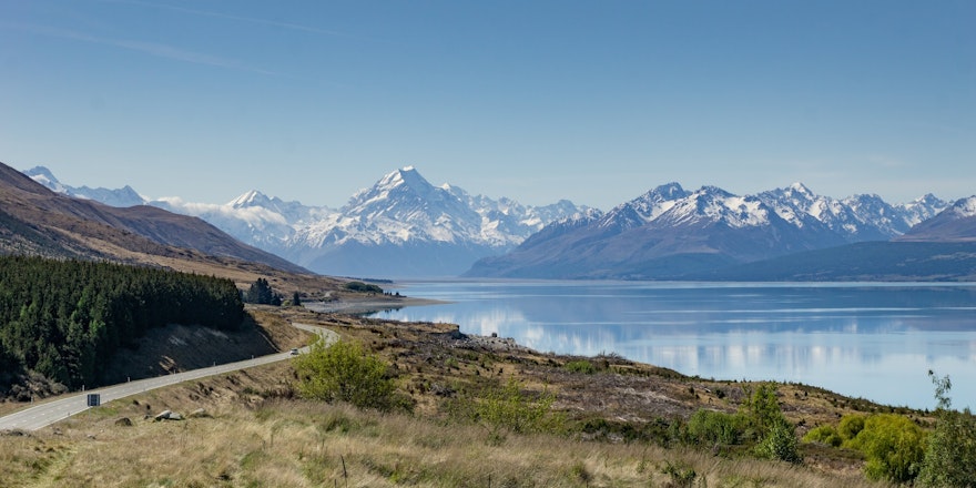 Mount Cook Rd, looking towards Aoraki / Mount Cook National Park and Lake Pukaki