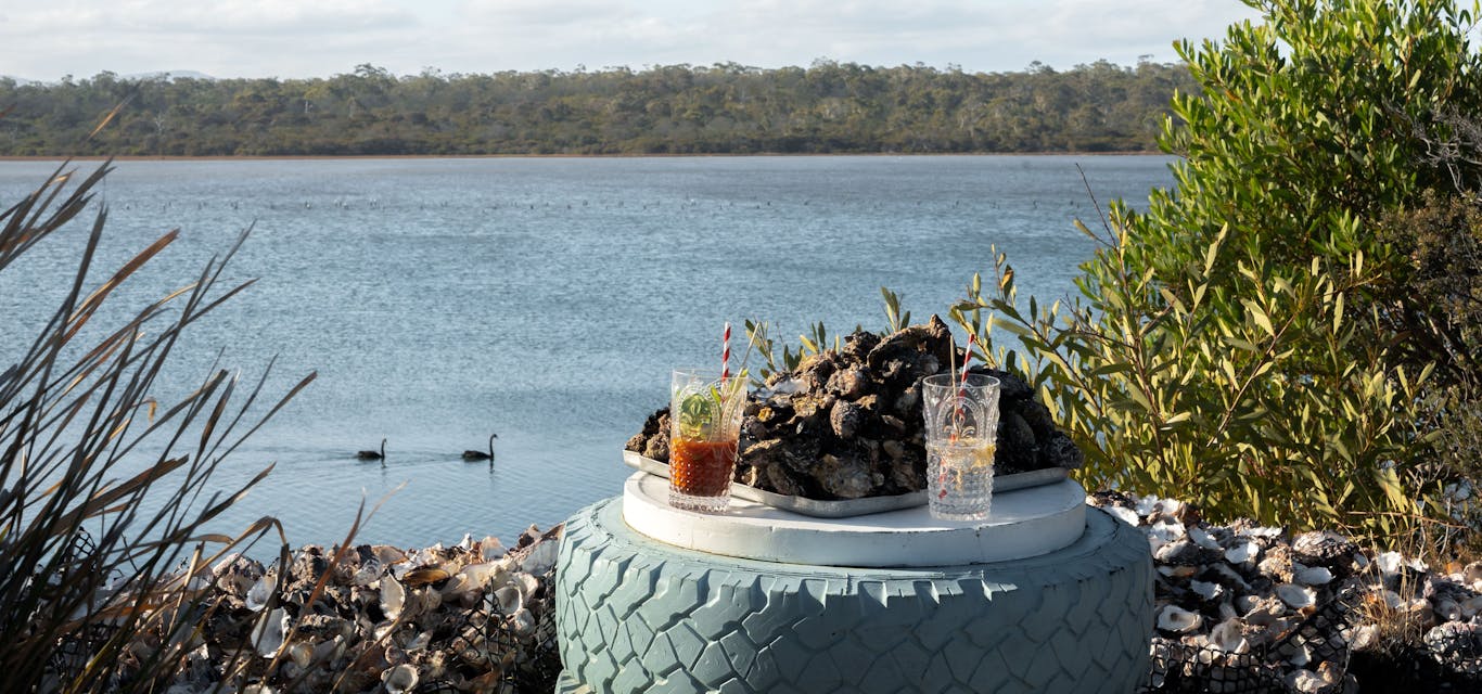 A feed at the Melshell Oyster Shack Oysters and drinks are presented on a table made of painted tyres, with a view of water and swans in the background
