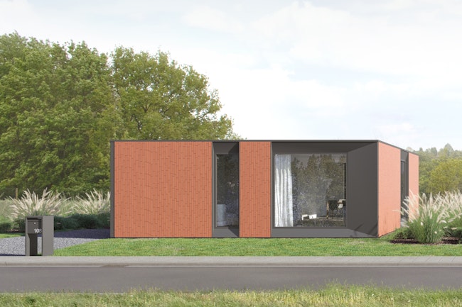 Skilpod #108 — houtskeletbouw bungalow woning met 2 slaapkamers, modern design met rode steen