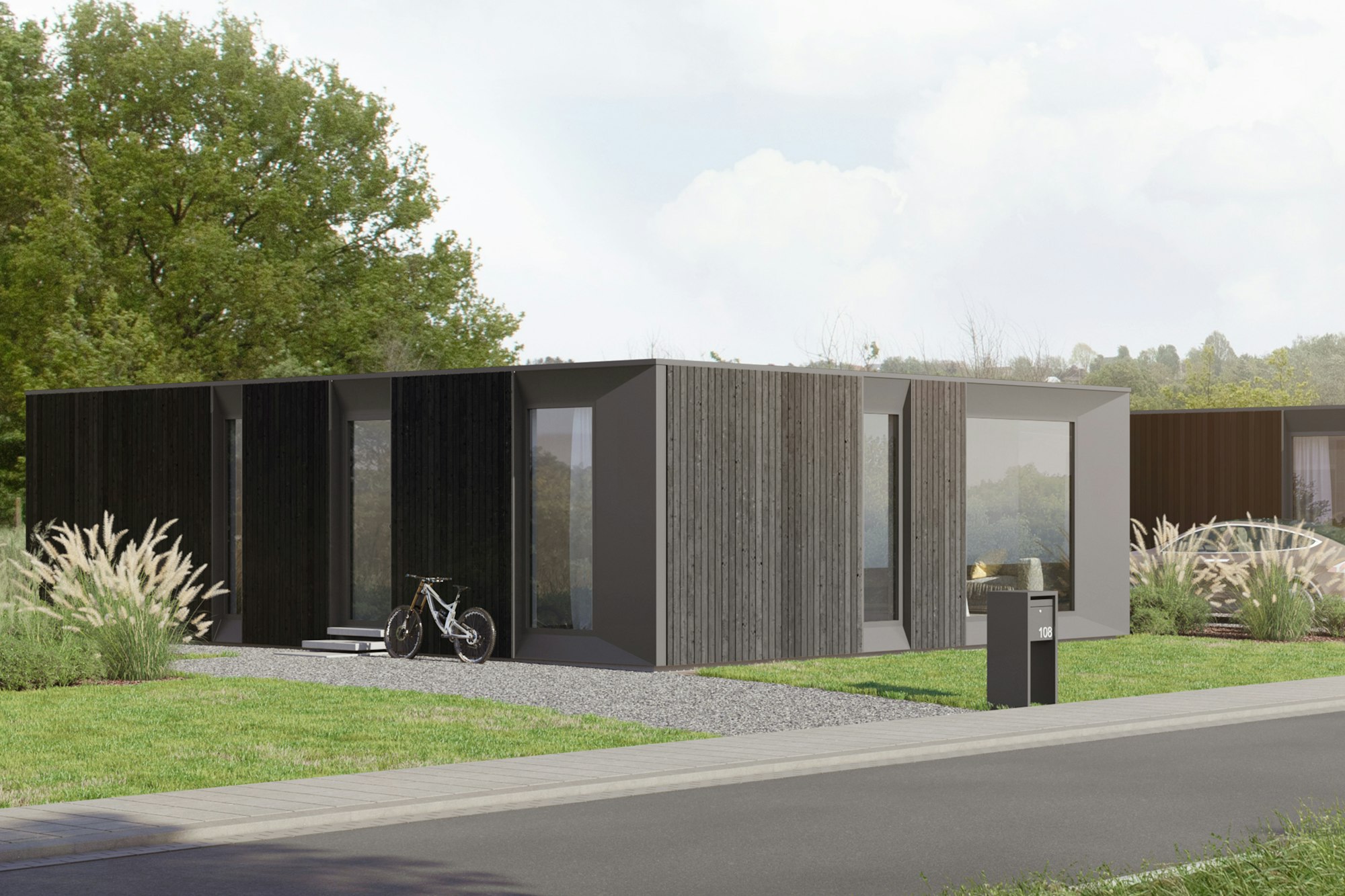 Skilpod #108 — houtskeletbouw bungalow woning met 2 slaapkamers, modern design met zwart hout