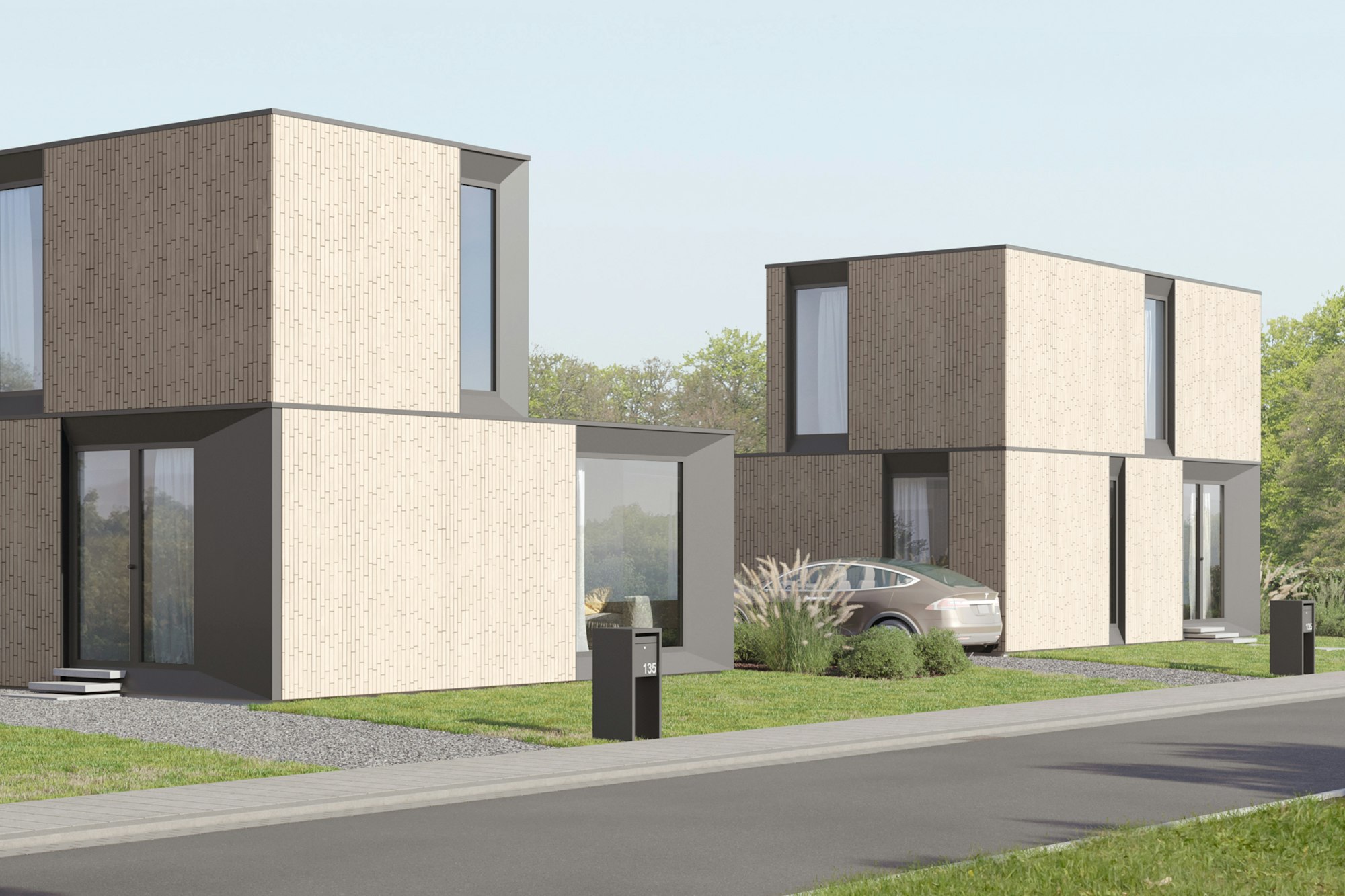 Skilpod #135 — houtskeletbouw woning met 3 slaapkamers, modern design met witte steen