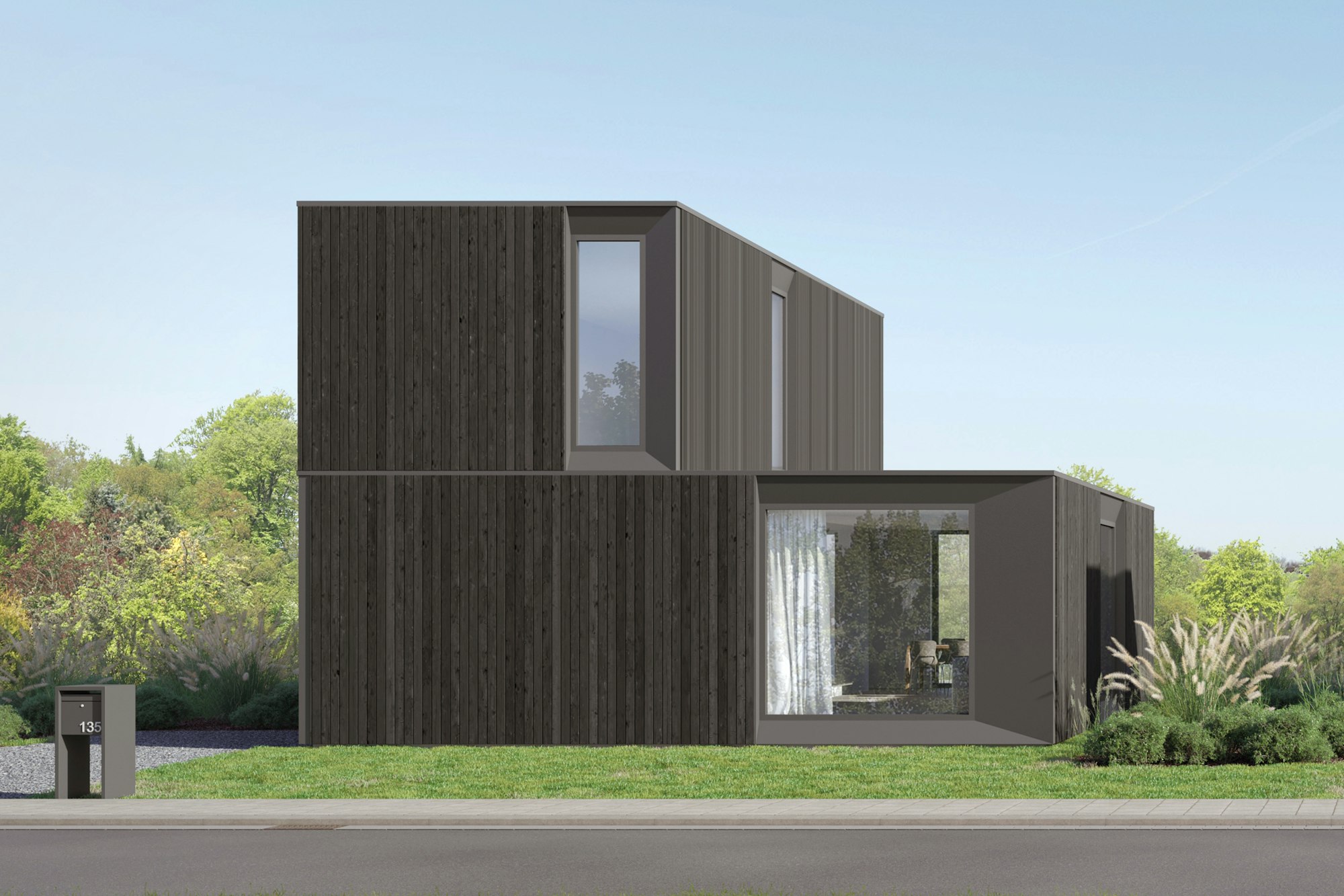 Skilpod #135 — houtskeletbouw woning met 3 slaapkamers, modern design met zwart hout
