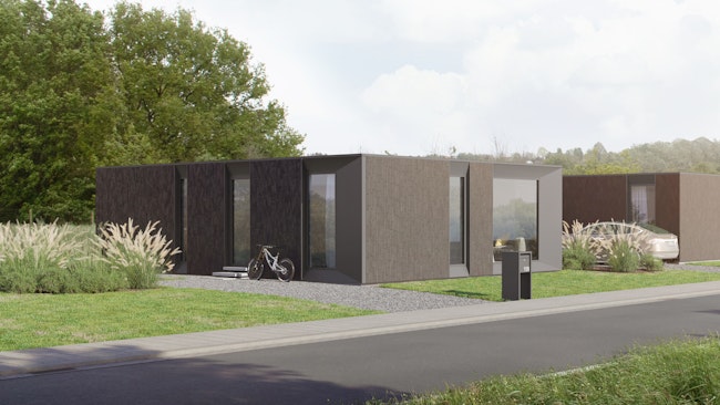 Skilpod #108 — houtskeletbouw bungalow woning met 2 slaapkamers, modern design met zwart stenen exterieur