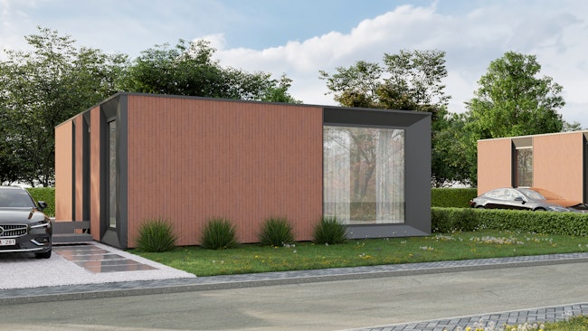 Skilpod #80 — houtskeletbouw bungalow woning met 2 slaapkamers, modern design met rood stenen gevel
