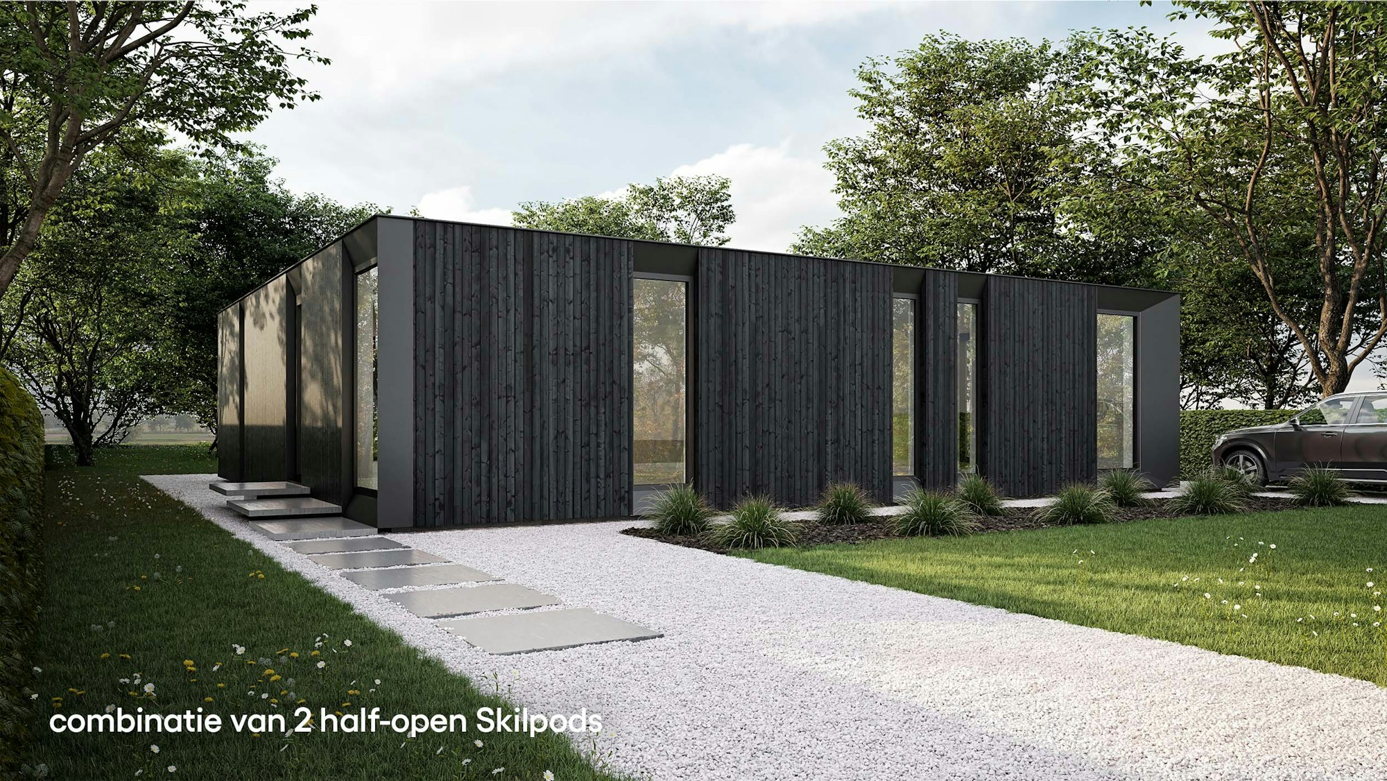 Skilpod #90 — houtskeletbouw bungalow woning met 2 slaapkamers, modern design met zwart hout