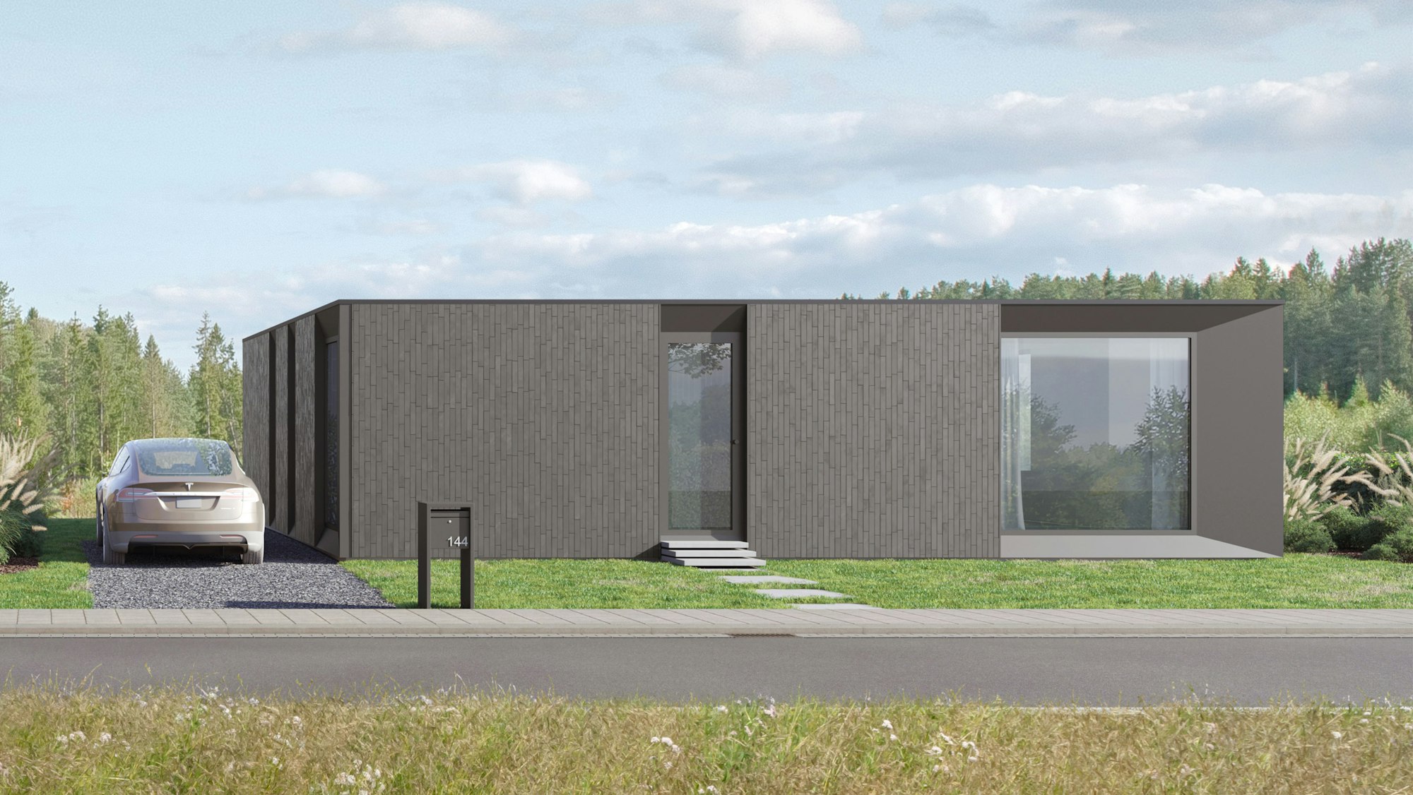 Skilpod #144 — houtskeletbouw bungalow woning met 4 slaapkamers, modern design met zwarte steen