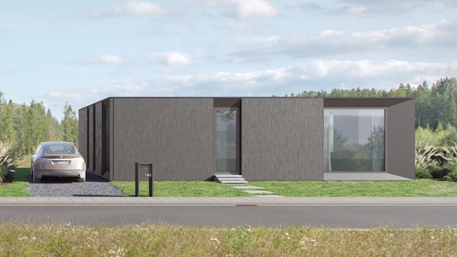 Skilpod #144 — houtskeletbouw bungalow woning met 4 slaapkamers, modern design met zwarte steen