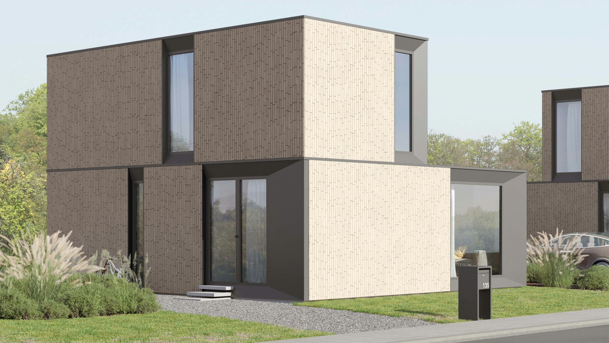 Skilpod #135 — houtskeletbouw woning met 3 slaapkamers, modern design met witte steen