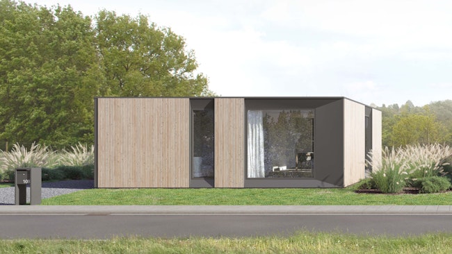 Skilpod #108 — houtskeletbouw bungalow woning met 2 slaapkamers, modern design met naturel hout