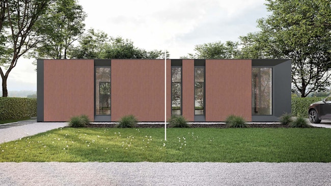 Skilpod #100 — houtskeletbouw bungalow woning met 2 slaapkamers, modern design met rode steen