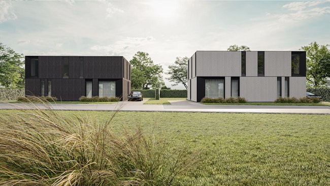 Skilpod #140 — houtskeletbouw woning met 3 slaapkamers, modern design met witte en zwarte steen