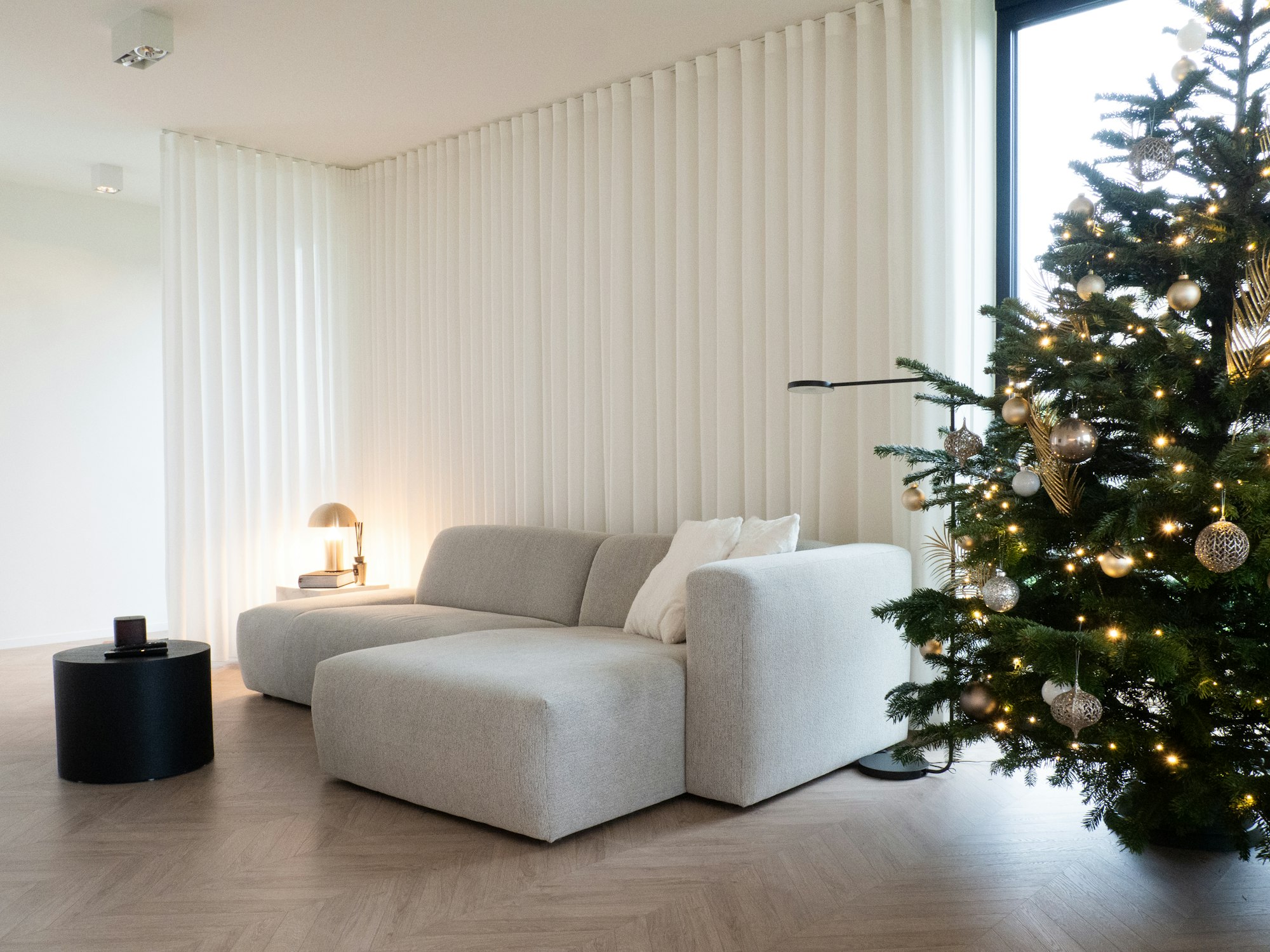 Skilpod #140 - interieur woonkamer,  modern design met kerstboom