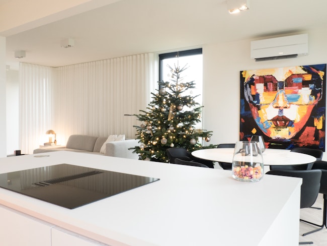Skilpod #140 - interieur woonkamer en eetruimte, modern design met kerstboom