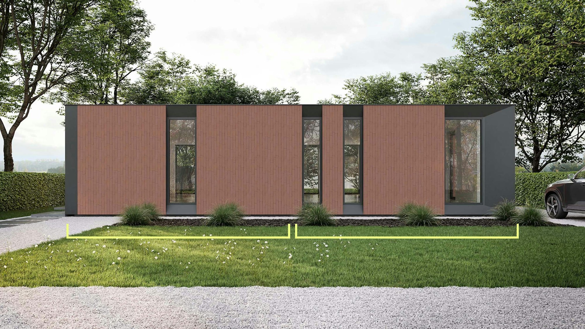 Skilpod #100 — houtskeletbouw bungalow woning met 2 slaapkamers, modern design met rode steen